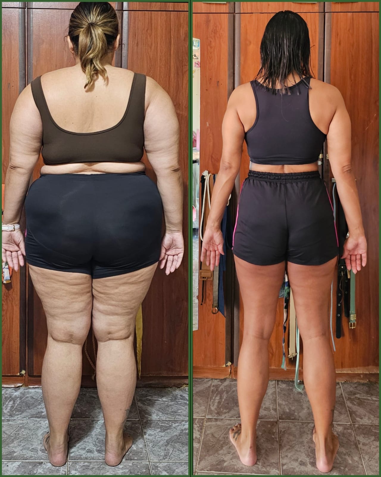 Antes e depois de uma aluna do acompanhamento, de costas