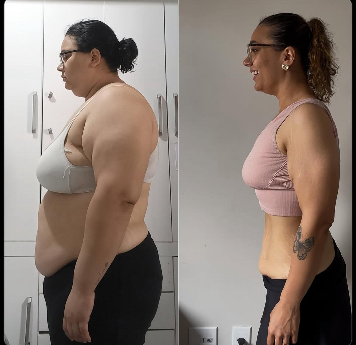 Antes e depois de uma aluna do acompanhamento, de perfil