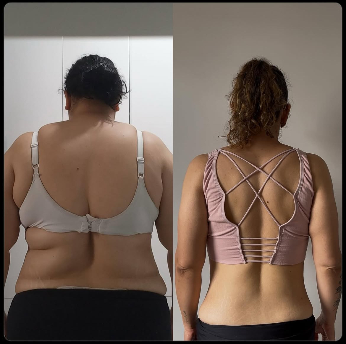 Antes e depois de uma aluna do acompanhamento, de costas